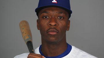 Texas Rangers player Sebastian Walcott poses for a photo during Media Day