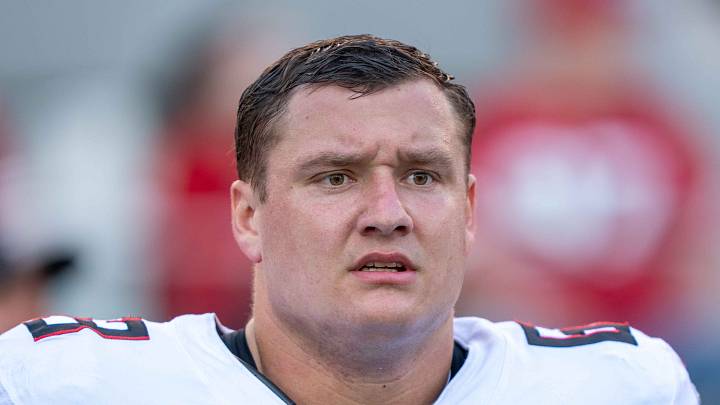 October 19, 2025; Santa Clara, California, USA; Atlanta Falcons guard Chris Lindstrom (63) before the game against the San Francisco 49ers at Levi's Stadium. Mandatory Credit: Kyle Terada-Imagn Images