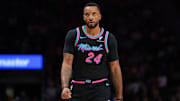 Nov 12, 2025; Miami, Florida, USA; Miami Heat guard Norman Powell (24) looks on against the Cleveland Cavaliers during the third quarter at Kaseya Center. Mandatory Credit: Sam Navarro-Imagn Images