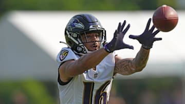 Jul 28, 2021; Owings Mills, MD, United States; Baltimore Ravens wide receiver Tylan Wallace (16) makes a catch at Under Armour Performance Center. Mandatory Credit: Mitch Stringer-Imagn Images