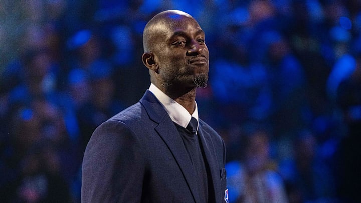 February 20, 2022; Cleveland, Ohio, USA; NBA great Kevin Garnett is honored for being selected to the NBA 75th Anniversary Team during halftime in the 2022 NBA All-Star Game at Rocket Mortgage FieldHouse. Mandatory Credit: Kyle Terada-Imagn Images