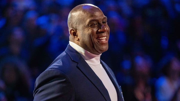 February 20, 2022; Cleveland, Ohio, USA; NBA great Magic Johnson is honored for being selected to the NBA 75th Anniversary Team during halftime in the 2022 NBA All-Star Game at Rocket Mortgage FieldHouse. Mandatory Credit: Kyle Terada-USA TODAY Sports