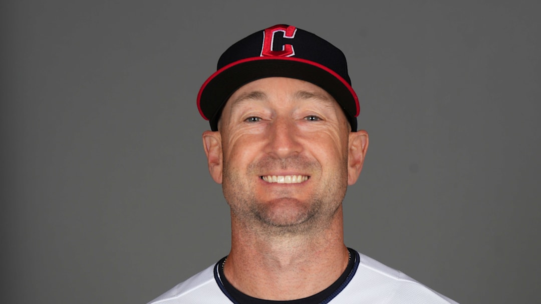 Feb 22, 2024; Goodyear, AZ, USA; Cleveland Guardians coach Craig Albernaz  poses for a photo during Media Day at the Cleveland Guardians Spring Training Facility Mandatory Credit: Joe Camporeale-Imagn Images