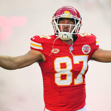 Oct 22, 2023; Kansas City, Missouri, USA; Kansas City Chiefs tight end Travis Kelce (87) is introduced prior to a game against the Los Angeles Chargers at GEHA Field at Arrowhead Stadium. Mandatory Credit: Jay Biggerstaff-USA TODAY Sports