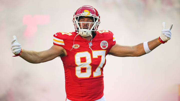 Oct 22, 2023; Kansas City, Missouri, USA; Kansas City Chiefs tight end Travis Kelce (87) is introduced prior to a game against the Los Angeles Chargers at GEHA Field at Arrowhead Stadium. Mandatory Credit: Jay Biggerstaff-USA TODAY Sports