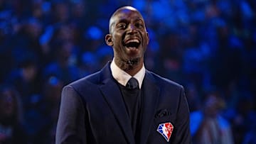 February 20, 2022; Cleveland, Ohio, USA; NBA great Kevin Garnett is honored for being selected to the NBA 75th Anniversary Team during halftime in the 2022 NBA All-Star Game at Rocket Mortgage FieldHouse. Mandatory Credit: Kyle Terada-Imagn Images