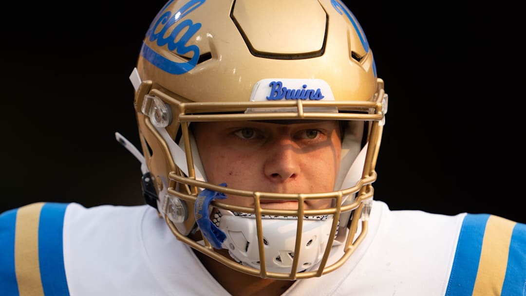 Sep 25, 2021; Stanford, California, USA;  UCLA Bruins offensive lineman Bruno Fina (75) during the second quarter against the Stanford Cardinal at Stanford Stadium. Mandatory Credit: Stan Szeto-Imagn Images