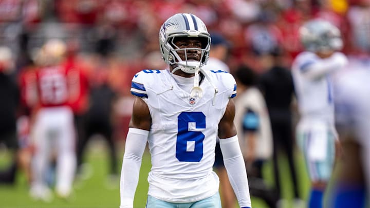 Oct 27, 2024; Santa Clara, California, USA; Dallas Cowboys safety Donovan Wilson (6) during warmups before the start of the game against the San Francisco 49ers at Levi's Stadium. Mandatory Credit: Neville E. Guard-Imagn Images
