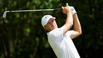 Jordan Spieth tees off during the opening round of the 2025 Truist Championship