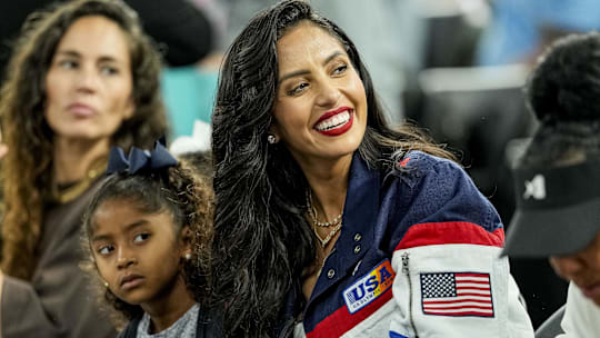 Vanessa Bryant and her family watch a women's basketball semifinal game during the Paris 2024 Olympic Summer Games at Accor Arena.