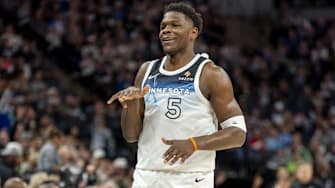 Minnesota Timberwolves guard Anthony Edwards celebrates after making a shot against the Utah Jazz in the first half at Target Center in Minneapolis on March 16, 2025.