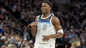 Minnesota Timberwolves guard Anthony Edwards celebrates after making a shot against the Utah Jazz in the first half at Target Center in Minneapolis on March 16, 2025.