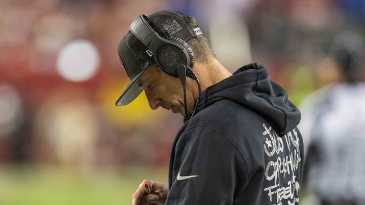 Dec 25, 2023; Santa Clara, California, USA; San Francisco 49ers head coach Kyle Shanahan reviews a play during the second quarter against the Baltimore Ravens at Levi's Stadium. Mandatory Credit: Neville E. Guard-USA TODAY Sports