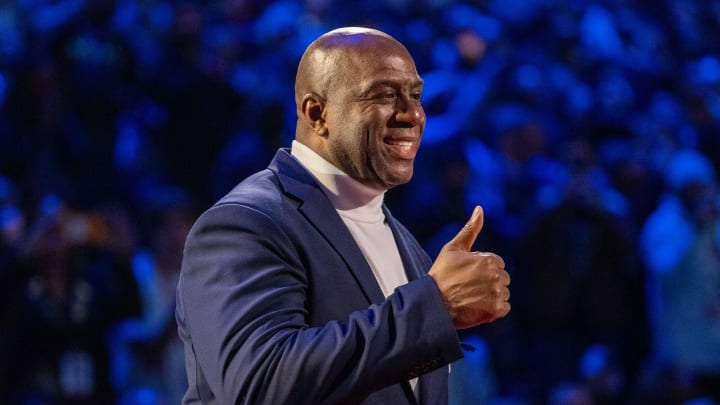 February 20, 2022; Cleveland, Ohio, USA; NBA great Magic Johnson is honored for being selected to the NBA 75th Anniversary Team during halftime in the 2022 NBA All-Star Game at Rocket Mortgage FieldHouse.