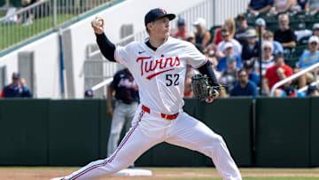 Minnesota Twins pitcher Zebby Matthews (52) pitching during the first inning of their game against the Atlanta Braves at Lee Health Sports Complex. 