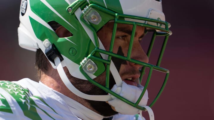 Oct 2, 2021; Stanford, California, USA;  Oregon Ducks tight end Spencer Webb (18) warms up before the game against the Stanford Cardinal at Stanford Stadium.