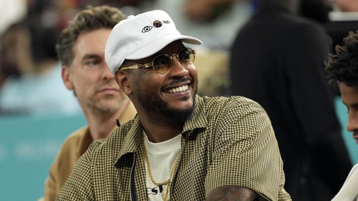 Aug 6, 2024; Paris, France; Carmelo Anthony looks on in the first half between France and Canada in a men’s basketball quarterfinal game during the Paris 2024 Olympic Summer Games at Accor Arena.