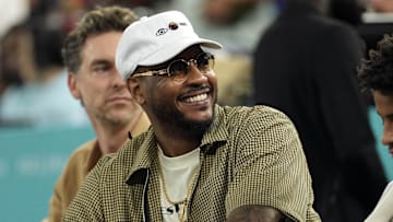 Aug 6, 2024; Paris, France; Carmelo Anthony looks on in the first half between France and Canada in a men’s basketball quarterfinal game during the Paris 2024 Olympic Summer Games at Accor Arena. Mandatory Credit: Kyle Terada-Imagn Images