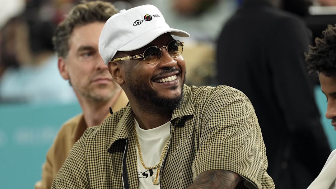 Aug 6, 2024; Paris, France; Carmelo Anthony looks on in the first half between France and Canada in a men’s basketball quarterfinal game during the Paris 2024 Olympic Summer Games at Accor Arena. Mandatory Credit: Kyle Terada-Imagn Images