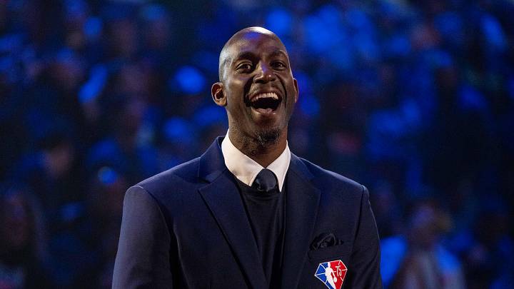 February 20, 2022; Cleveland, Ohio, USA; NBA great Kevin Garnett is honored for being selected to the NBA 75th Anniversary Team during halftime in the 2022 NBA All-Star Game at Rocket Mortgage FieldHouse. Mandatory Credit: Kyle Terada-Imagn Images