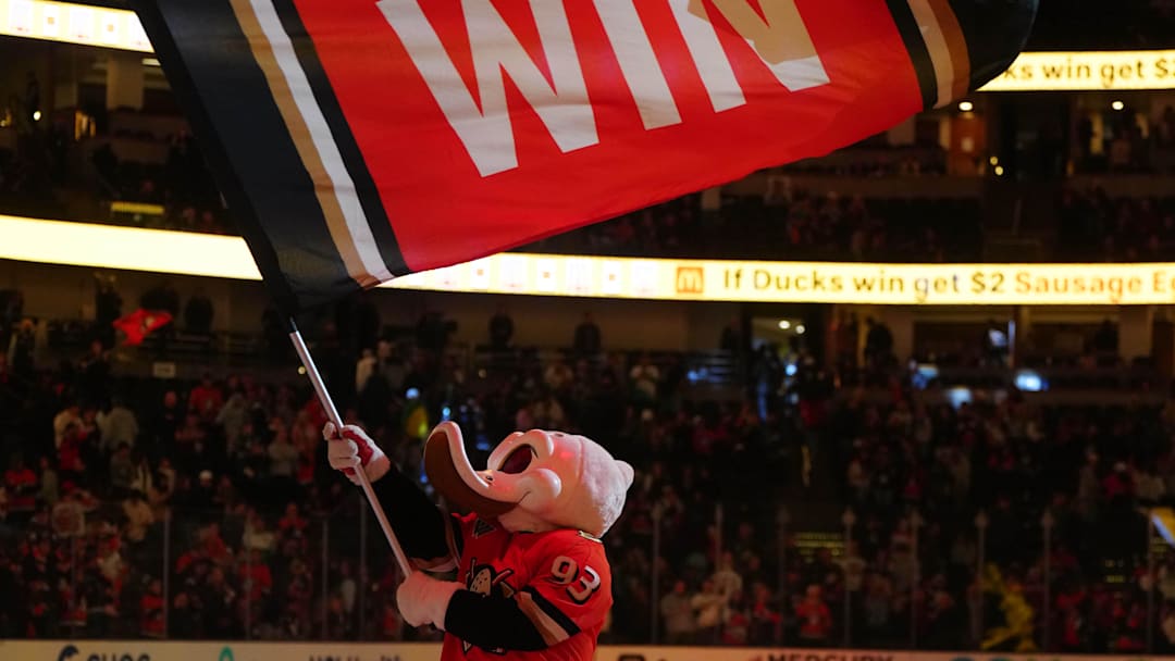 Dec 31, 2024; Anaheim, California, USA; Anaheim Ducks mascot Wild Wing waves a Ducks Win flag after the game against the New Jersey Devils at Honda Center. Mandatory Credit: Kirby Lee-Imagn Images