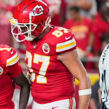 Sep 5, 2024; Kansas City, Missouri, USA; Kansas City Chiefs tight end Travis Kelce (87) celebrates with wide receiver Xavier Worthy (1) after a touchdown agains the Baltimore Ravens during the second half at GEHA Field at Arrowhead Stadium. Mandatory Credit: Denny Medley-Imagn Images