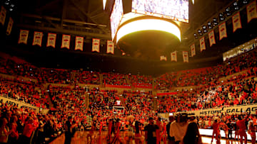 Oklahoma State fans cheer before a men's college basketball game between the Oklahoma State University Cowboys and the Kansas Jayhawks at Gallagher-Iba Arena in Stillwater, Okla., Tuesday, Feb. 14, 2023.

Osu Vs Kansas Basketball
