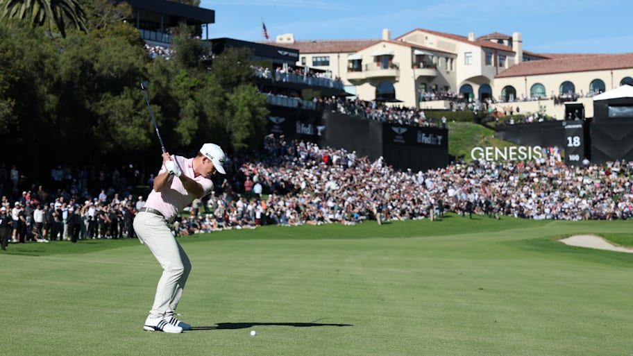 Jacob Bridgeman hits his fairway shot on the 18th hole during the final round of the the 2026 Genesis Invitational 