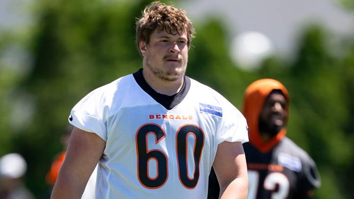 Cincinnati Bengals guard Liam Brown (60) walks during spring practice on at the Kettering Practice Fields on Tuesday, June 2, 2026.