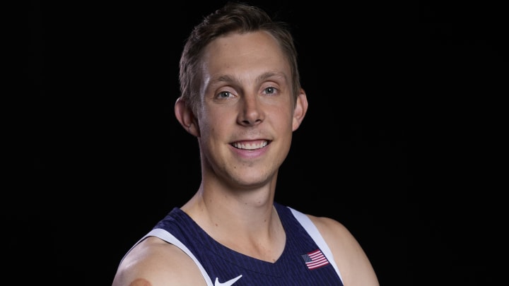 Apr 17, 2024; New York, New York, USA;  U.S. Olympic athlete Canyon Barry poses for a photo at the Team USA Media Summit at Mariott Marquis. Mandatory Credit: Robert Deutsch-USA TODAY Sports