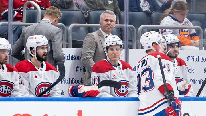 Apr 12, 2026; Elmont, New York, USA; Montréal Canadiens head coach Martin St. Louis before the first period against the New York Islanders at UBS Arena. Mandatory Credit: Alexander Wohl-Imagn Images