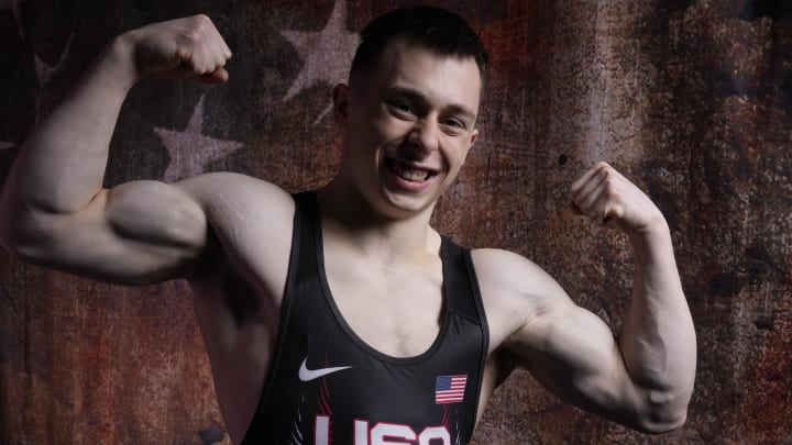 Apr 16, 2024; New York, New York, USA; U.S. Olympic athlete Hampton Morris poses for a photo at the USOC Media Summit in preparation for the Paris 2024 Olympic Summer Games at Mariott Marquis. Apr 16, 2024; New York, New York, USA; U.S. Olympic athlete Hampton Morris poses for a photo at the USOC Media Summit in preparation for the Paris 2024 Olympic Summer Games at Mariott Marquis.