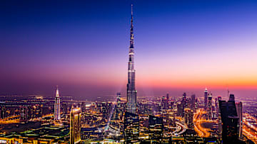 The Burj Khalifa takes center stage in this skyline view of Dubai.