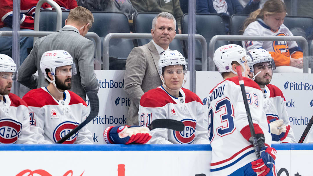 Apr 12, 2026; Elmont, New York, USA; Montréal Canadiens head coach Martin St. Louis before the first period against the New York Islanders at UBS Arena. Mandatory Credit: Alexander Wohl-Imagn Images