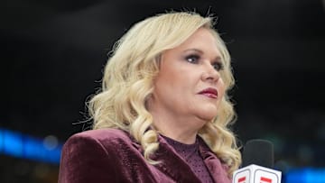 Apr 4, 2025; Tampa, FL, USA;  ESPN reporter Holly Rowe prior to a semifinal of the women's 2025 NCAA tournament at Amalie Arena. Mandatory Credit: Kirby Lee-Imagn Images