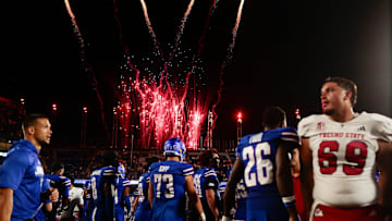 Fireworks go off after the game between Fresno State and Kansas at David Booth Kansas Memorial Stadium on Aug. 23, 2025.