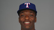 Feb 19, 2025; Surprise, AZ, USA; Texas Rangers player Sebastian Walcott poses for a photo during Media Day at Surprise Stadium. Mandatory Credit: Joe Camporeale-Imagn Images