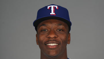 Feb 19, 2025; Surprise, AZ, USA; Texas Rangers player Sebastian Walcott poses for a photo during Media Day at Surprise Stadium. Mandatory Credit: Joe Camporeale-Imagn Images