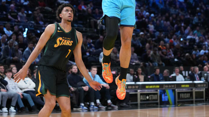 Feb 17, 2023; Salt Lake City, UT, USA; Team Joakim guard Quentin Grimes (6) dunks over Team Jason guard Mojave King (7)  in the 2023 NBA All Star Rising Stars Game at Vivint Arena. Mandatory Credit: Kyle Terada-USA TODAY Sports