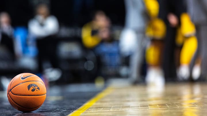 An Iowa basketball with a Tigerhawk logo rests along the baseline during a NCAA non-conference men's basketball game, Monday, Nov., 11, 2019, at Carver-Hawkeye Arena in Iowa City, Iowa.

191111 Depaul Iowa Mbb 029 Jpg