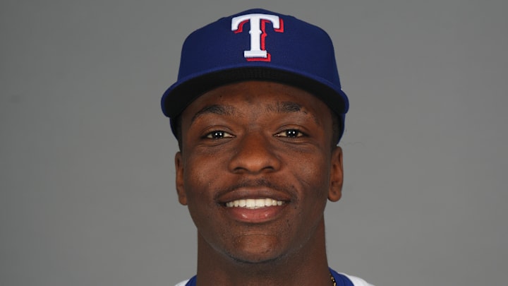 Feb 19, 2025; Surprise, AZ, USA; Texas Rangers player Sebastian Walcott poses for a photo during Media Day at Surprise Stadium. Feb 19, 2025; Surprise, AZ, USA; Texas Rangers player Sebastian Walcott poses for a photo during Media Day at Surprise Stadium.