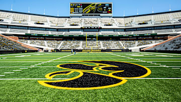 A Tigerhawk logo is pictured at the 50 yard line while construction continues during a media tour of the north end zone, Friday, Aug. 9, 2019, at Kinnick Stadium in Iowa City, Iowa.

190809 Kinnick Nez 053 Jpg
