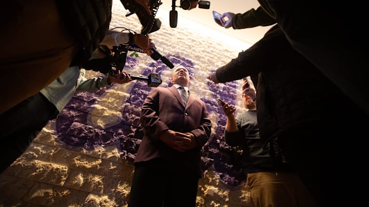 Casey Alexander talks with media after being welcomed as the new head coach of the Kansas State men’s basketball team during a press conference at Bramlage Coliseum on Monday, March 16, 2026.