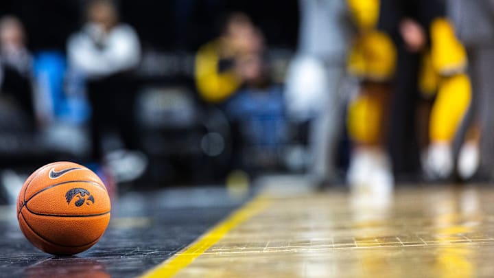 An Iowa basketball with a Tigerhawk logo rests along the baseline during a NCAA non-conference men's basketball game, Monday, Nov., 11, 2019, at Carver-Hawkeye Arena in Iowa City, Iowa.

191111 Depaul Iowa Mbb 029 Jpg