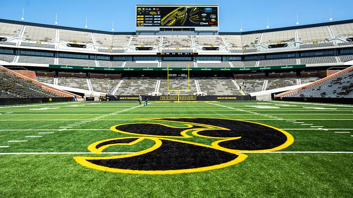 A Tigerhawk logo is pictured at the 50 yard line while construction continues during a media tour of the north end zone, Friday, Aug. 9, 2019, at Kinnick Stadium in Iowa City, Iowa.

190809 Kinnick Nez 053 Jpg