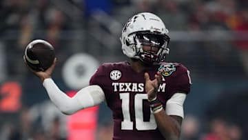 Dec 27, 2024; Las Vegas, NV, USA; Texas A&M Aggies quarterback Marcel Reed (10) throws the ball against the Southern California Trojans in the first half at Allegiant Stadium. Mandatory Credit: Kirby Lee-Imagn Images