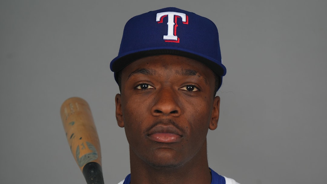 Feb 19, 2025; Surprise, AZ, USA; Texas Rangers player Sebastian Walcott poses for a photo during Media Day at Surprise Stadium. Joe Camporeale-Imagn Images