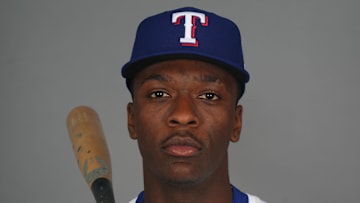 Surprise, AZ, USA; Texas Rangers player Sebastian Walcott poses for a photo during Media Day at Surprise Stadium.