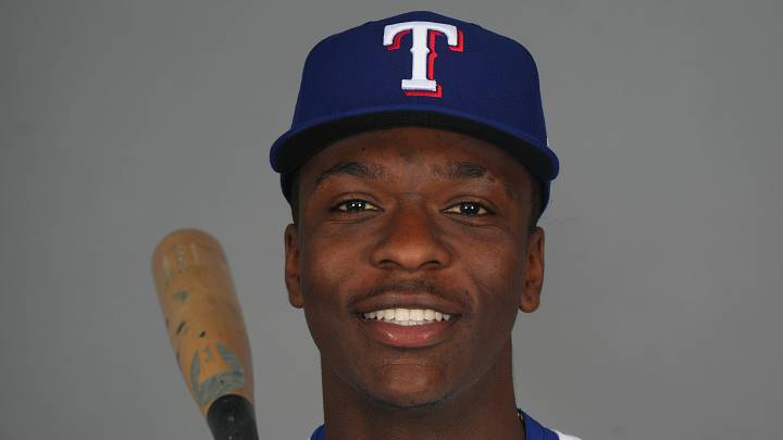 Feb 19, 2025; Surprise, AZ, USA; Texas Rangers player Sebastian Walcott poses for a photo during Media Day at Surprise Stadium. Mandatory Credit: Joe Camporeale-Imagn Images