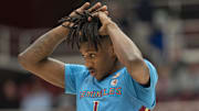 Jan 25, 2025; Stanford, California, USA;  Florida State Seminoles guard Jamir Watkins (1) looks on during the first half against the Stanford Cardinal at Maples Pavilion. Mandatory Credit: Stan Szeto-Imagn Images